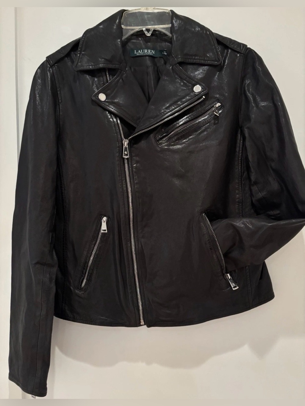 NWOT Lauren RL Leather Motorcycle Jacket in Black, Size 2.